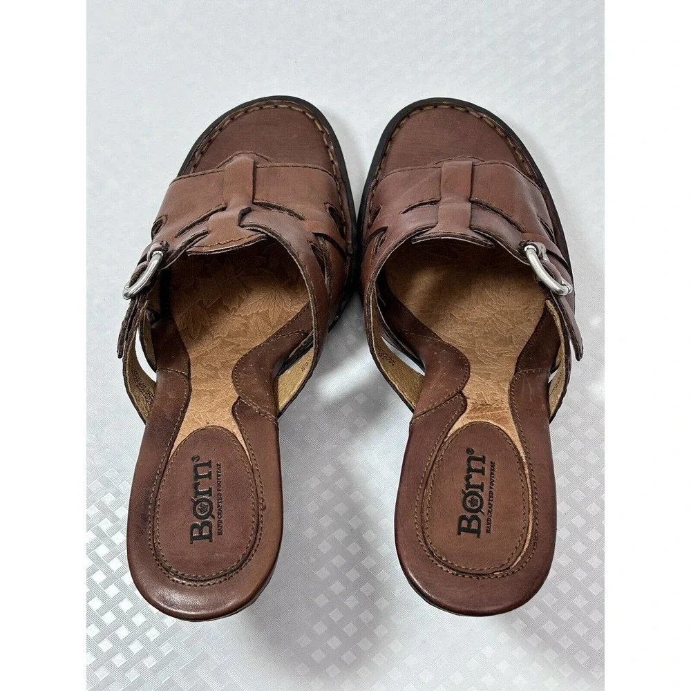 Born Lucia Dark Brown Leather Summer Slide Heel Size 10 M/W‎ Sandals